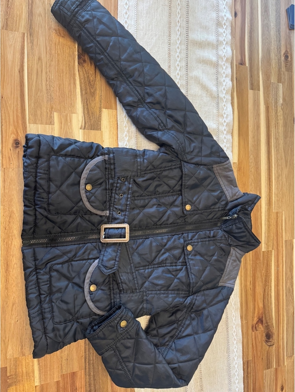 Yoki Girls Quilted Belted Puffer Jacket Coat Black Gray Size S/7 Warm Winter